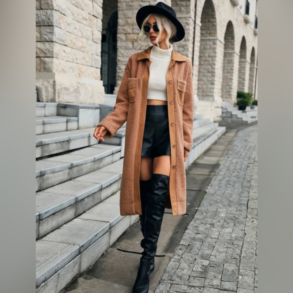 2/$20SHEIN Patched Pocket Drop Shoulder Teddy Coat Brown/Burnt Orange. Size SM